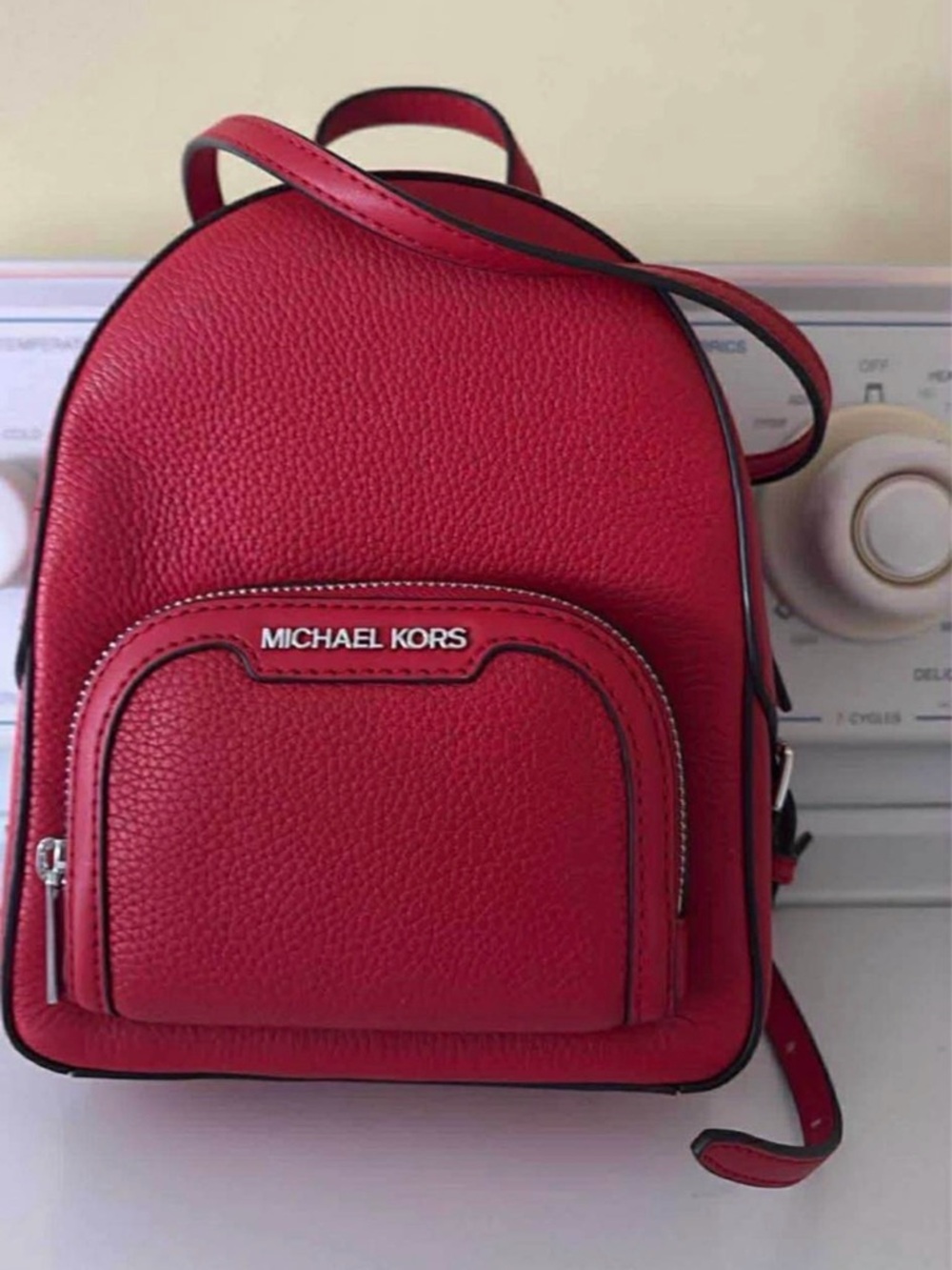 Michael Kors Red Pebble Leather Mini Backpack with Front Zip Pocket
